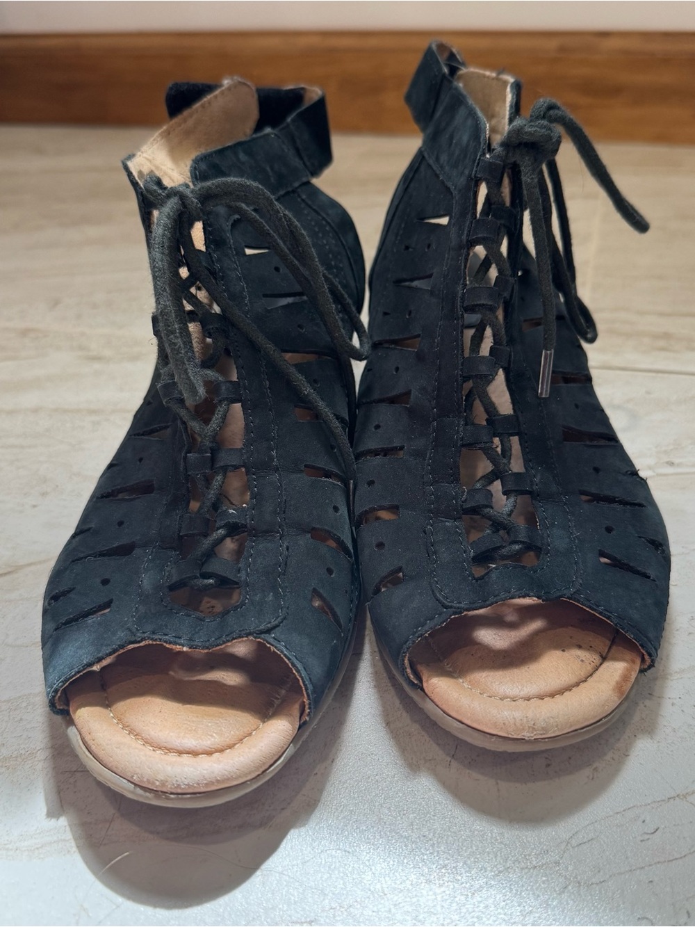 Earth Black Lace-Up Cutout Ankle Sandals